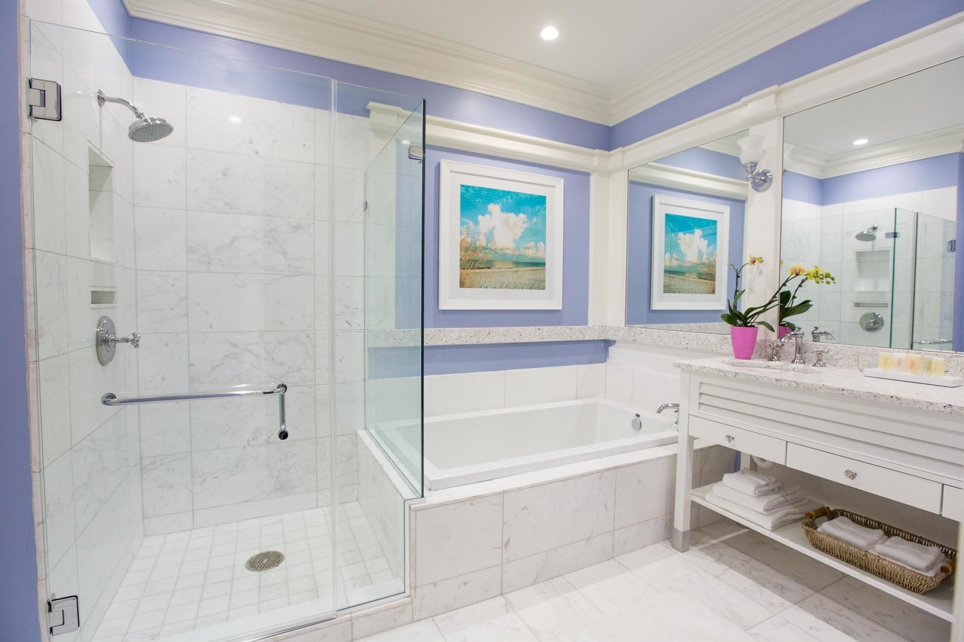 separate bathtub and shower, designer toiletries, hair dryer, bathrobes