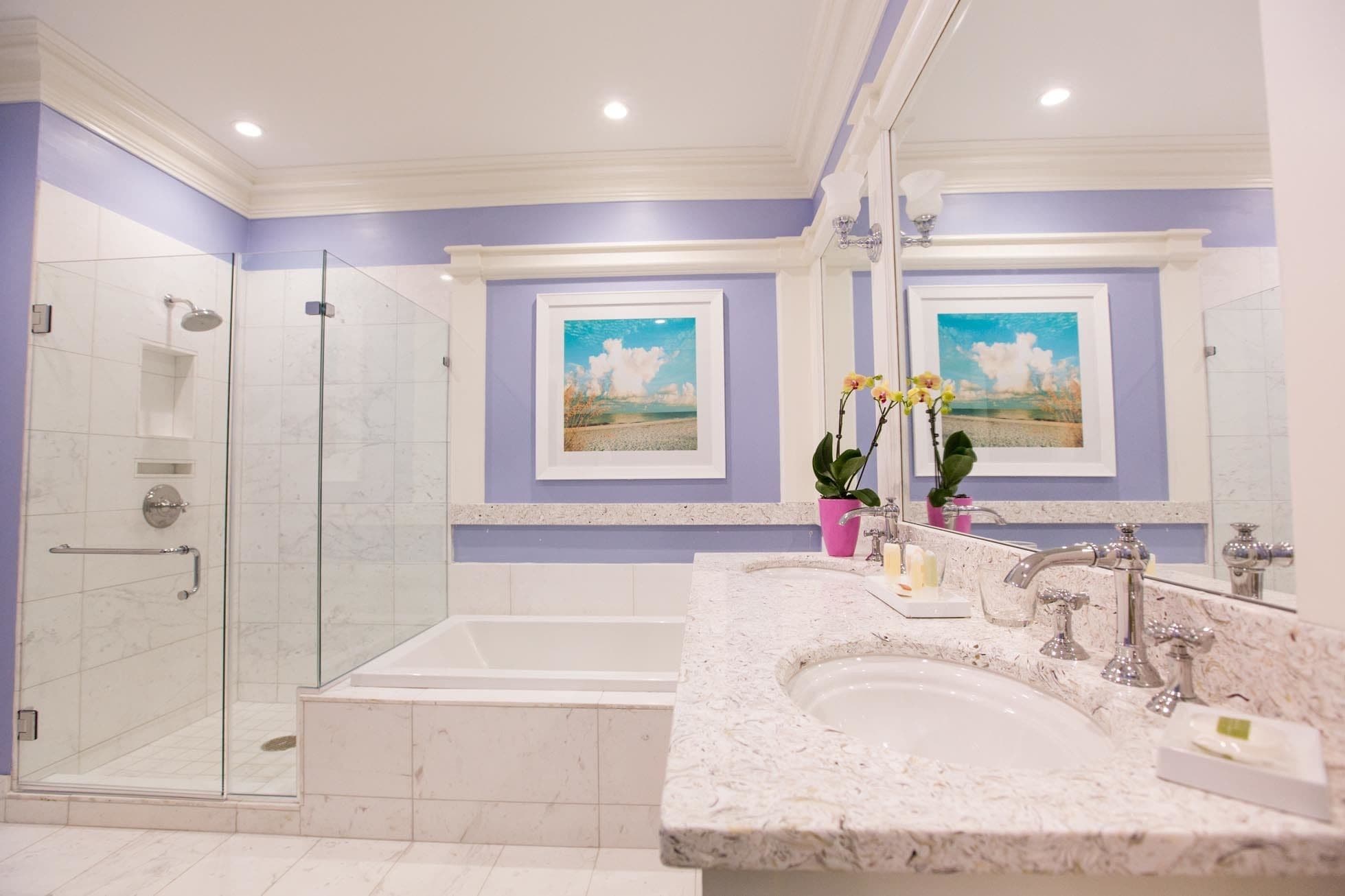 separate bathtub and shower, designer toiletries, hair dryer, bathrobes