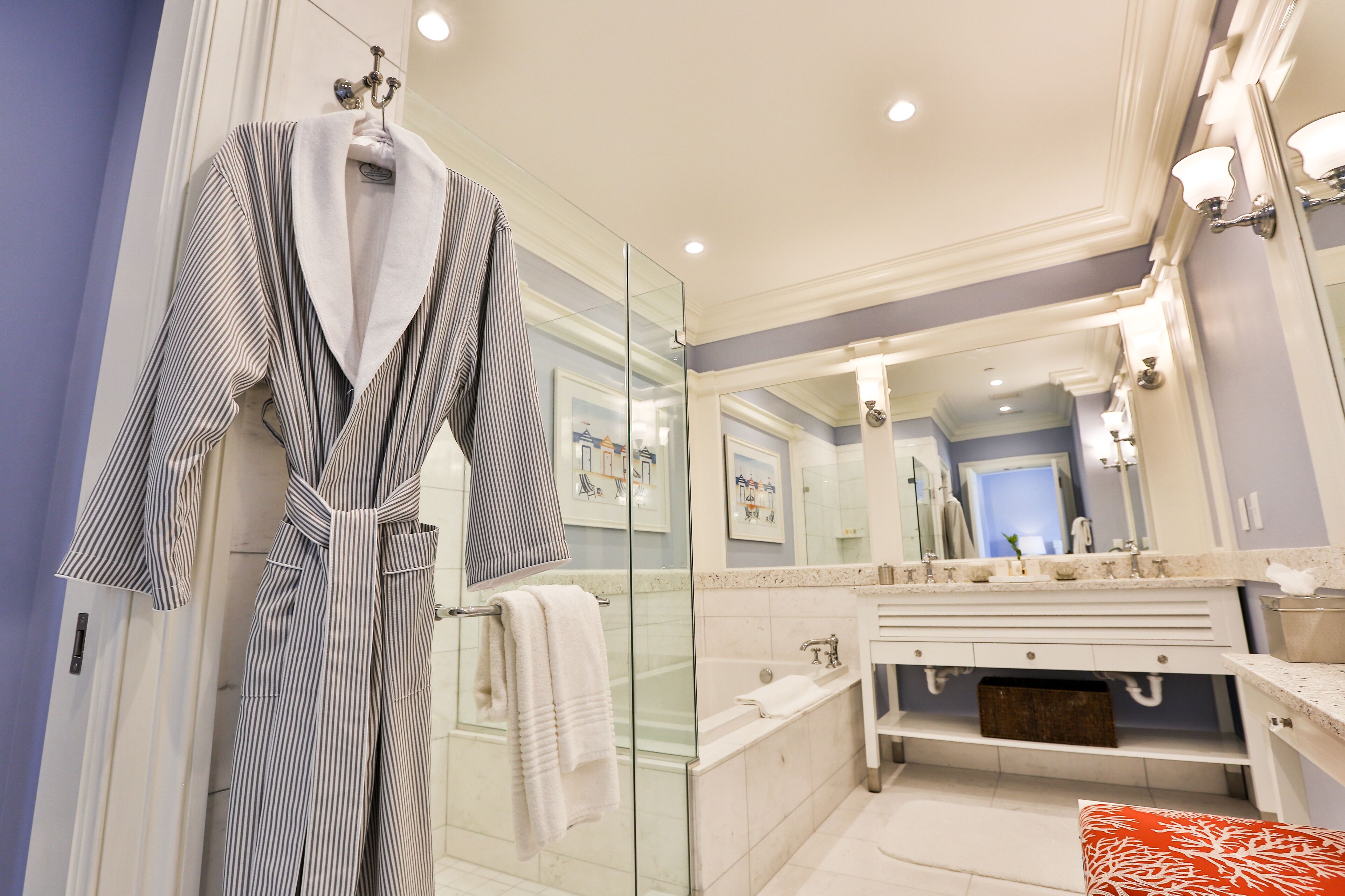 separate bathtub and shower, designer toiletries, hair dryer, bathrobes