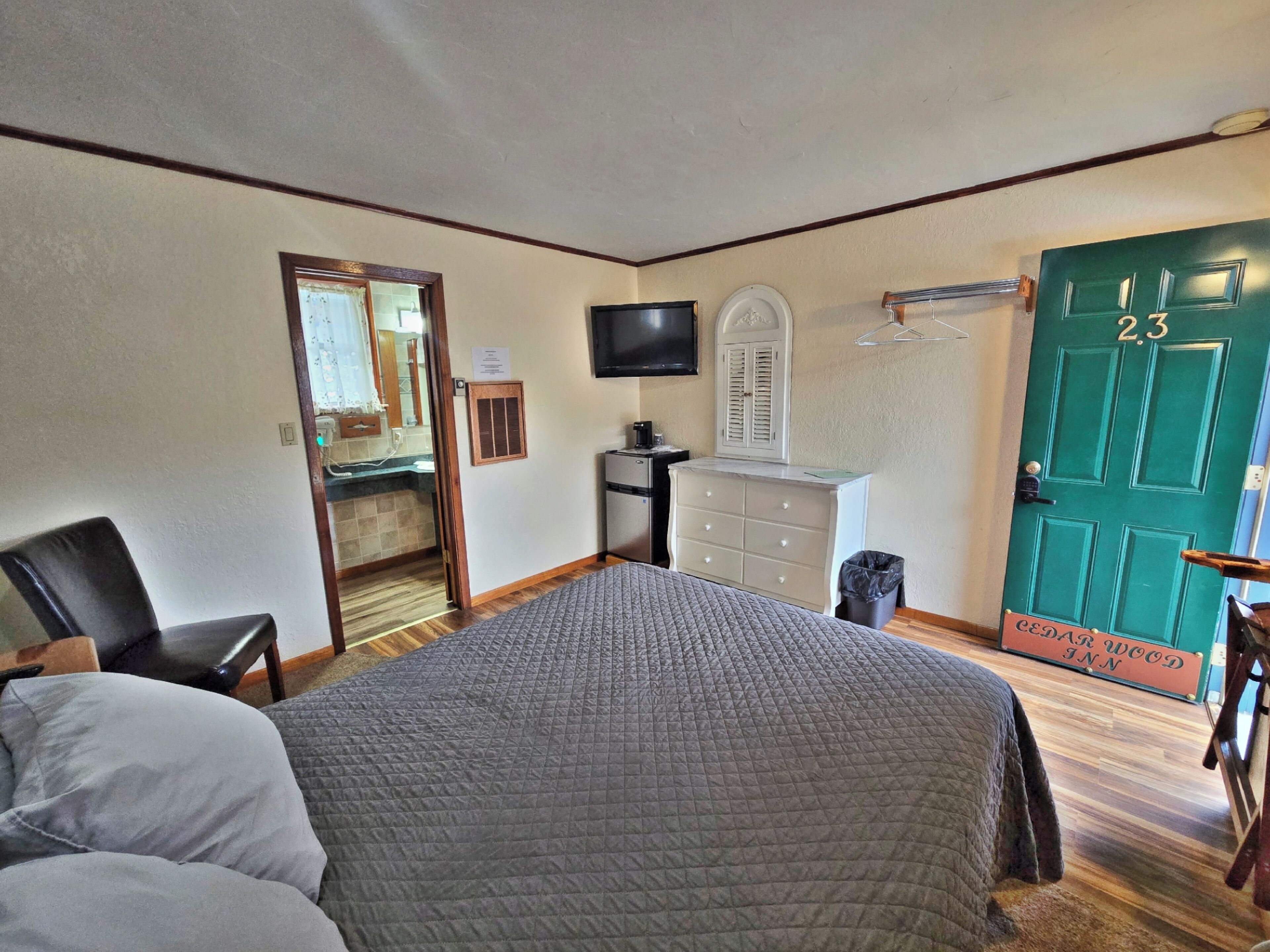 A bedroom with a bed, a dresser, a TV, and a green door labeled "2.3".