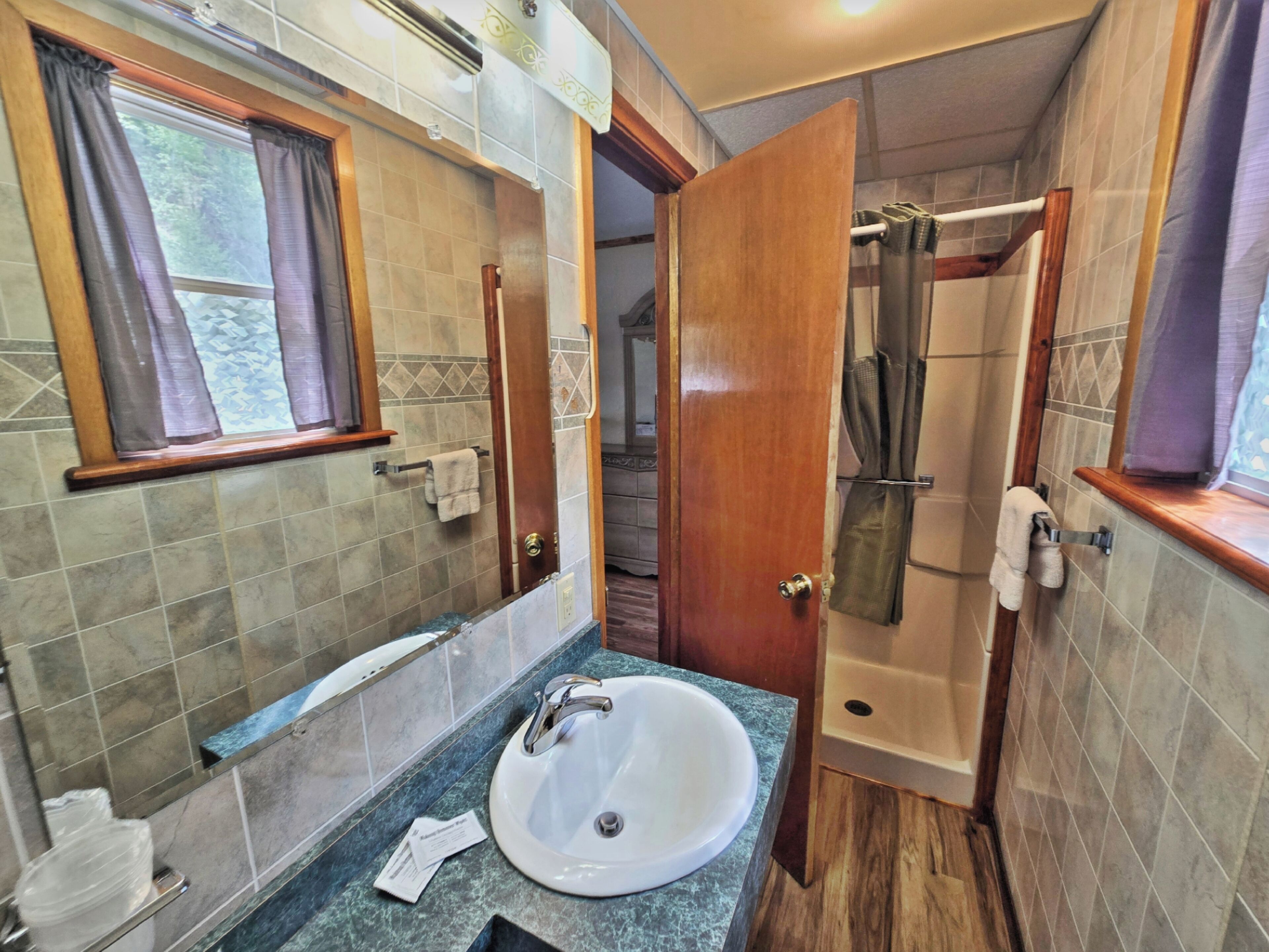 A bathroom with a sink, mirror, and shower.