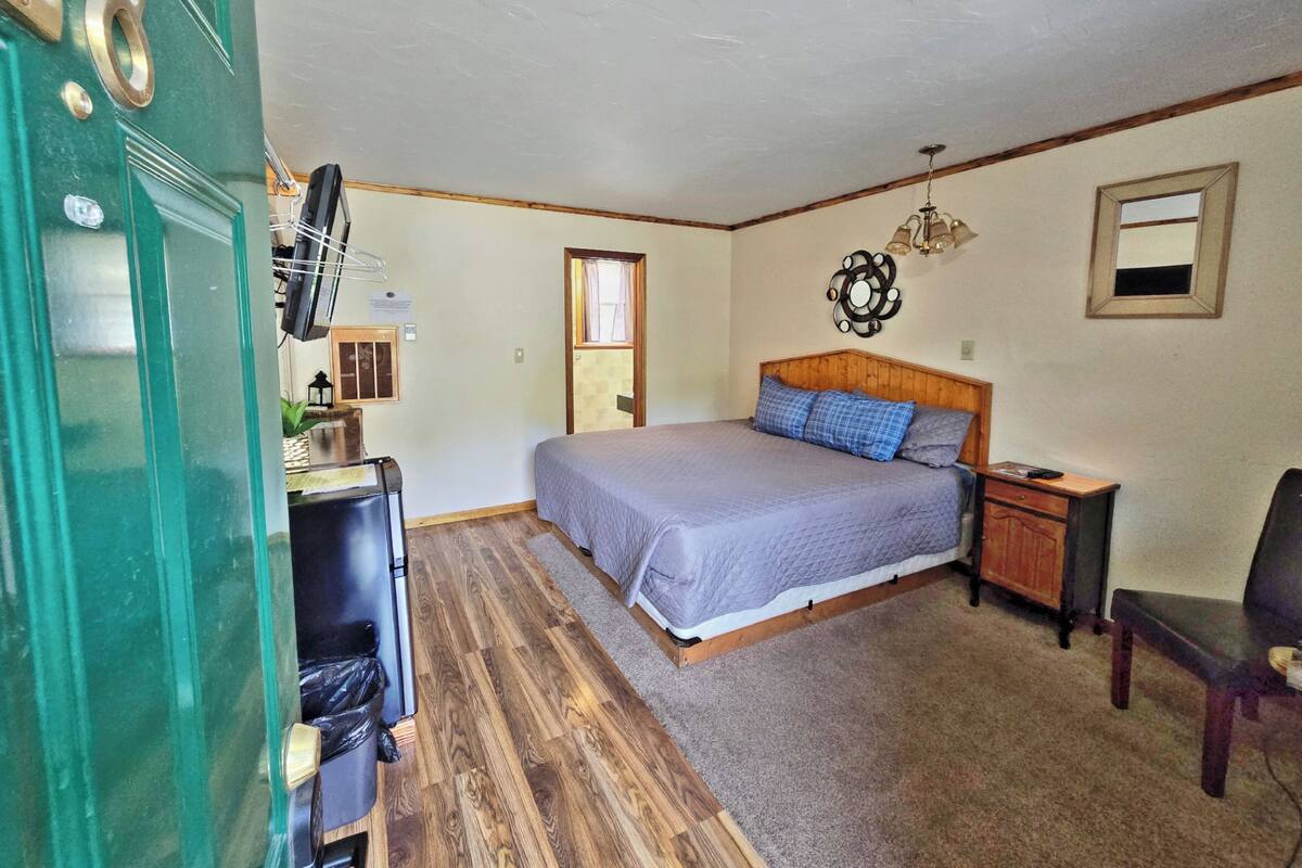 A bedroom with a bed, wooden headboard, a nightstand, a chair, a desk, and a green door.