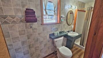 A bathroom with a toilet, sink, and shower. There is a window with curtains, a towel rack, and a mirror.