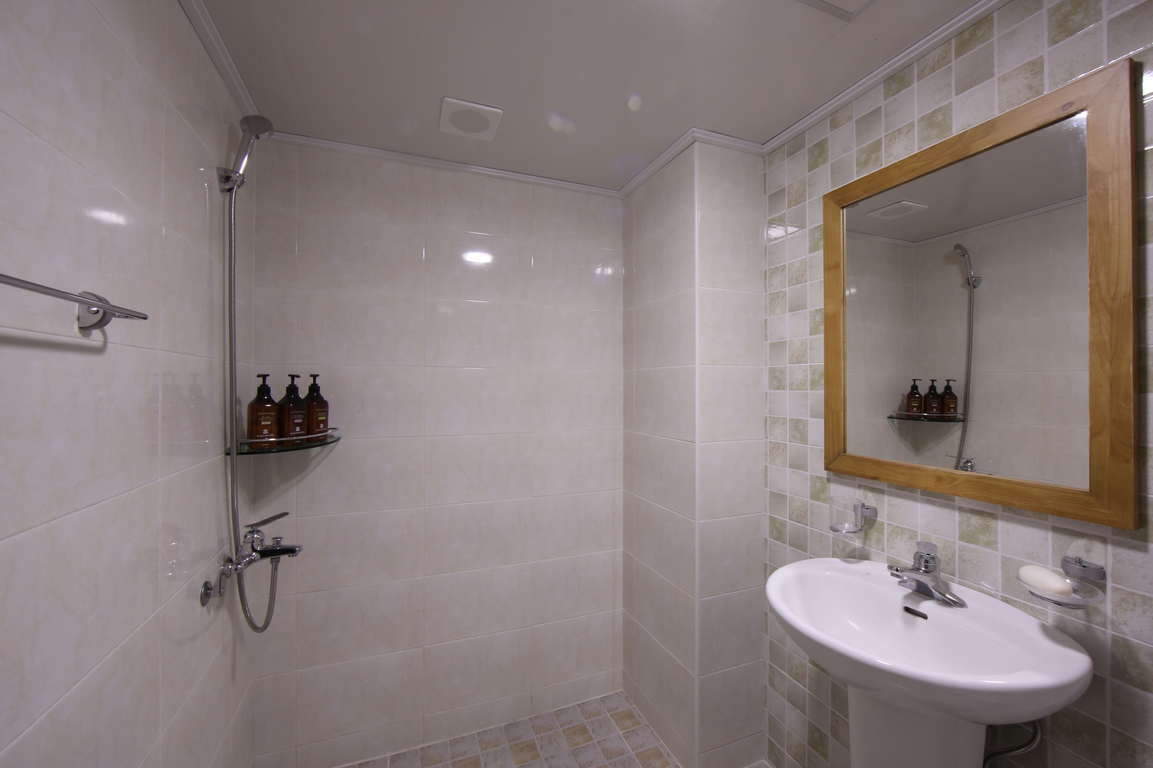 A bathroom with a shower, a sink, and a mirror.