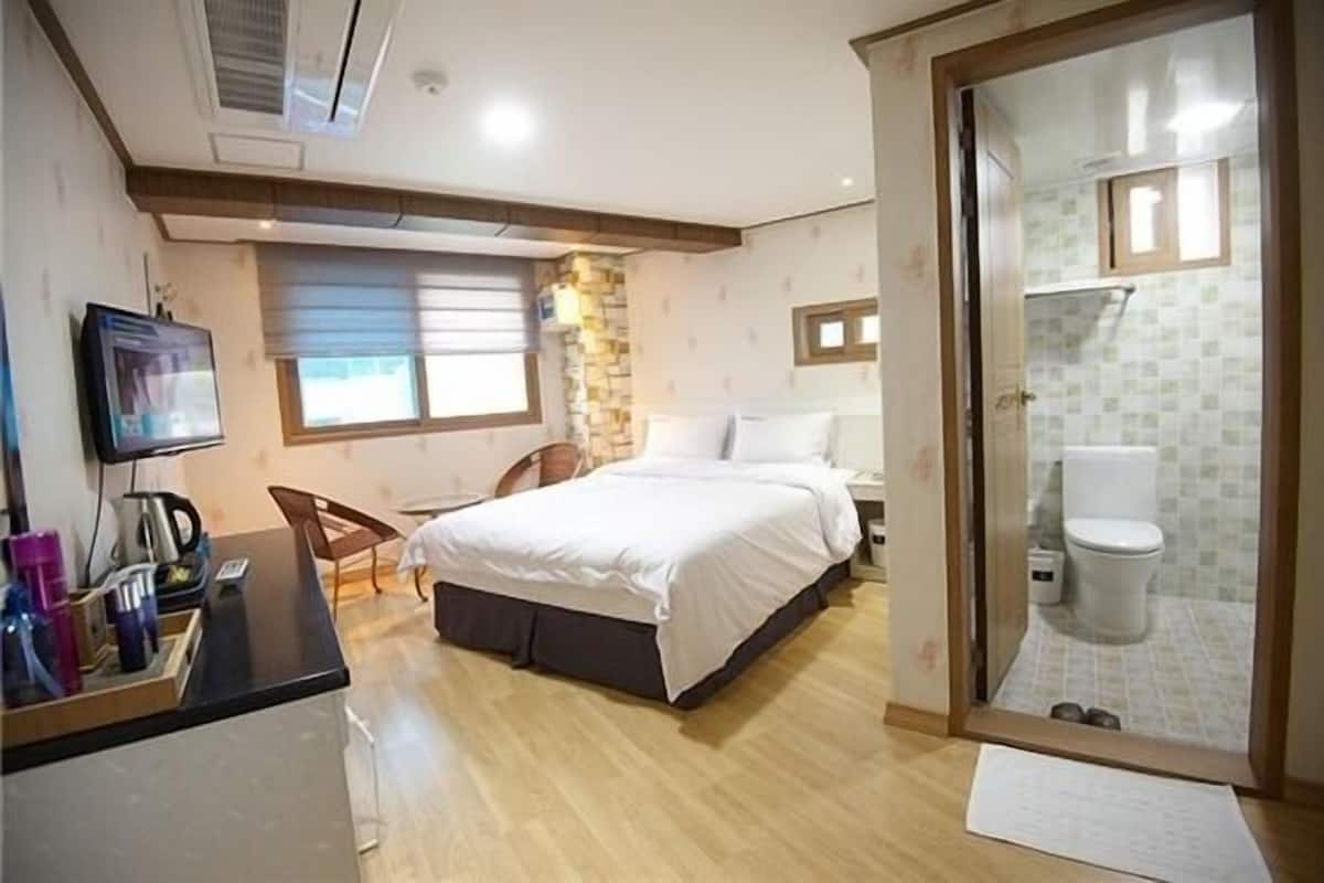 Een slaapkamer met een bed, een bureau met een televisie, een stoel, een raam en een badkamer met toilet en douche.