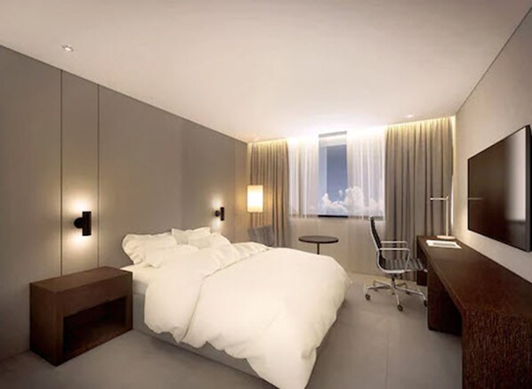 Une chambre d’hôtel moderne équipée d’un grand lit, d’un bureau, d’une chaise, d’une télévision et d’une fenêtre avec des rideaux.