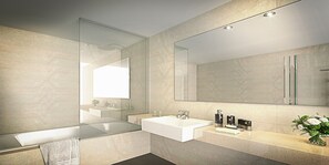 Junior Suite, 1 King Bed | Bathroom | Designer toiletries, hair dryer, bathrobes, slippers