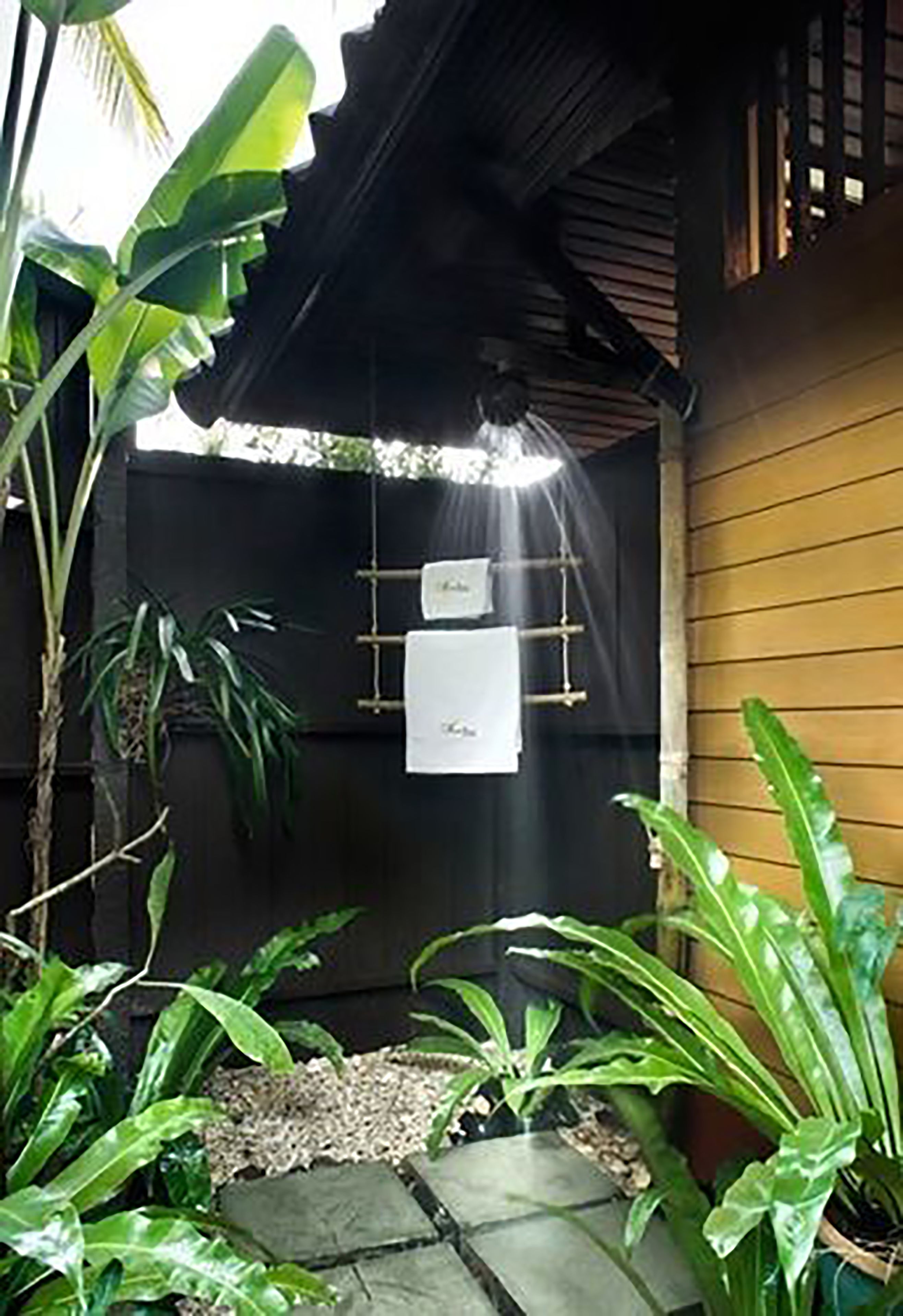 Un espacio al aire libre cubierto con un muro de madera, un portón negro y plantas en macetas.