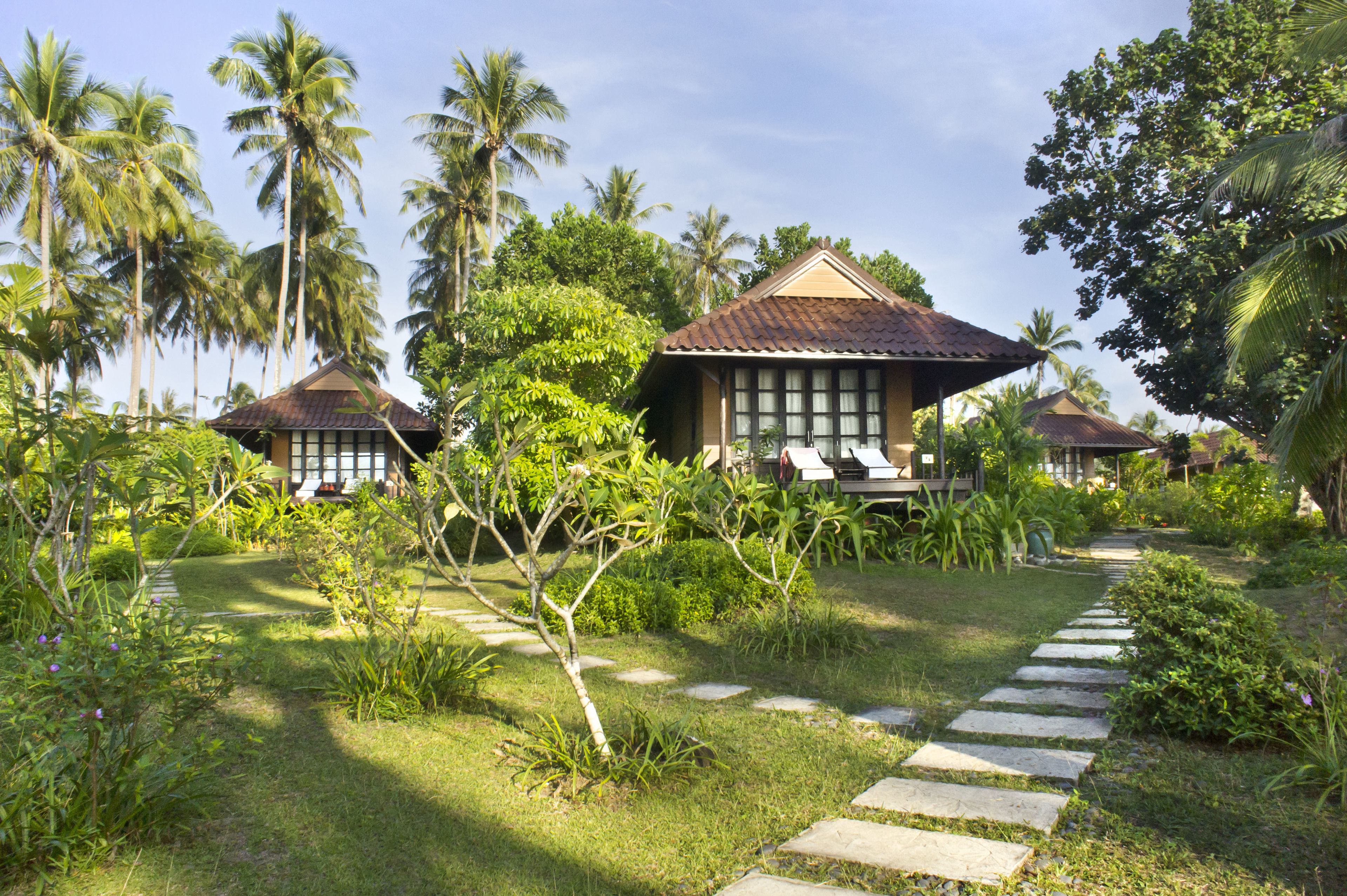 Un resort tropical con varias edificaciones tipo bungalow rodeado de exuberante vegetación y palmeras.