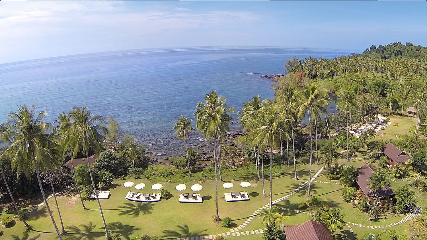 Vista aérea de un resort con ubicación frente a la playa, palmeras y zonas de descanso con sombrillas.