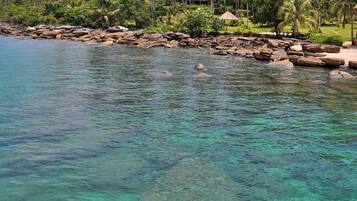 Accommodatie ligt op het strand, wit zand, ligstoelen, parasols