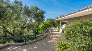 A paved pathway leading to a building with a white facade and terracotta roof tiles. - Lofos Soilis (Zakynthos)
