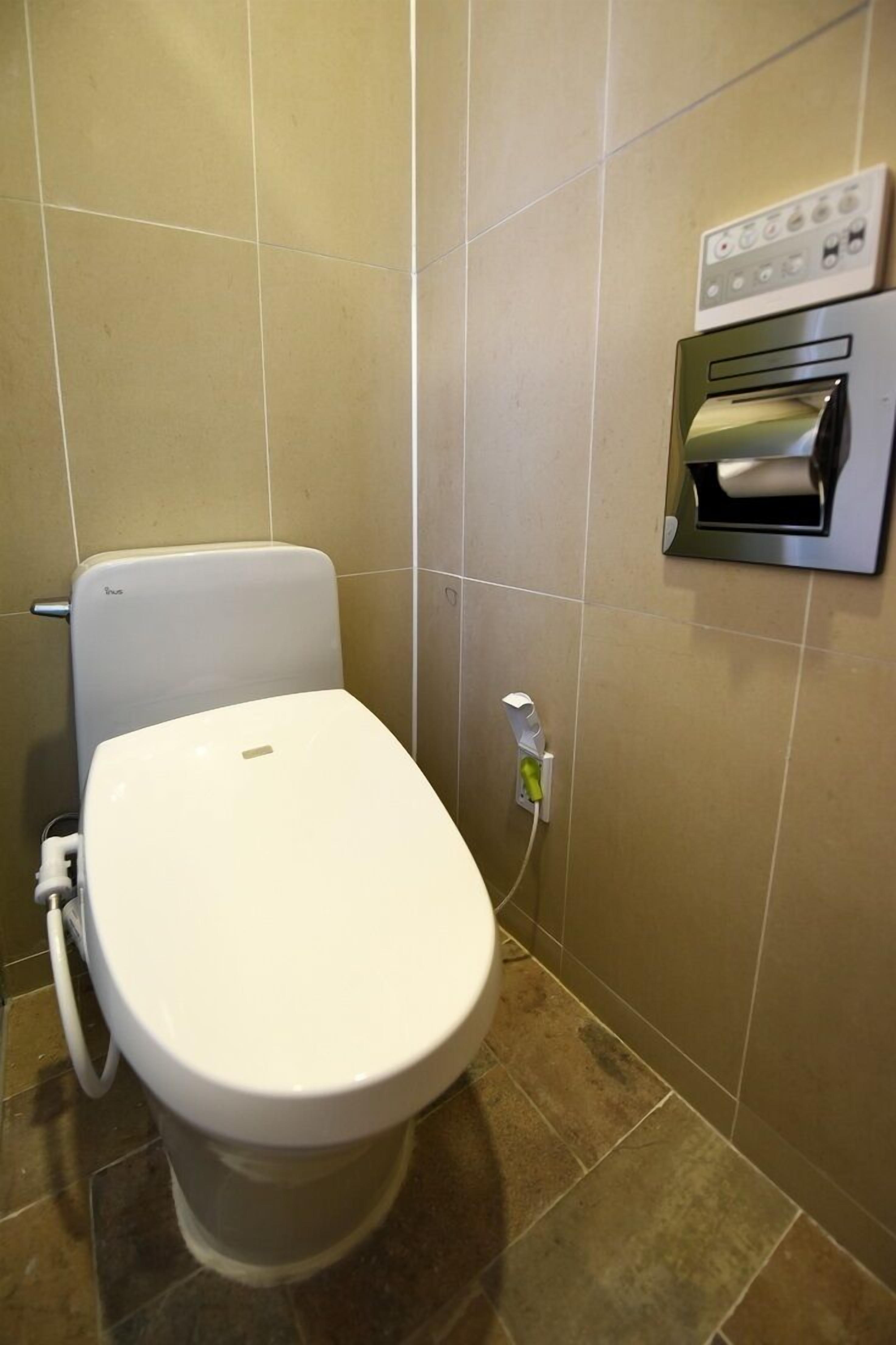 En toalett med en pappershandduksdispenser och en spolknapp på väggen.
