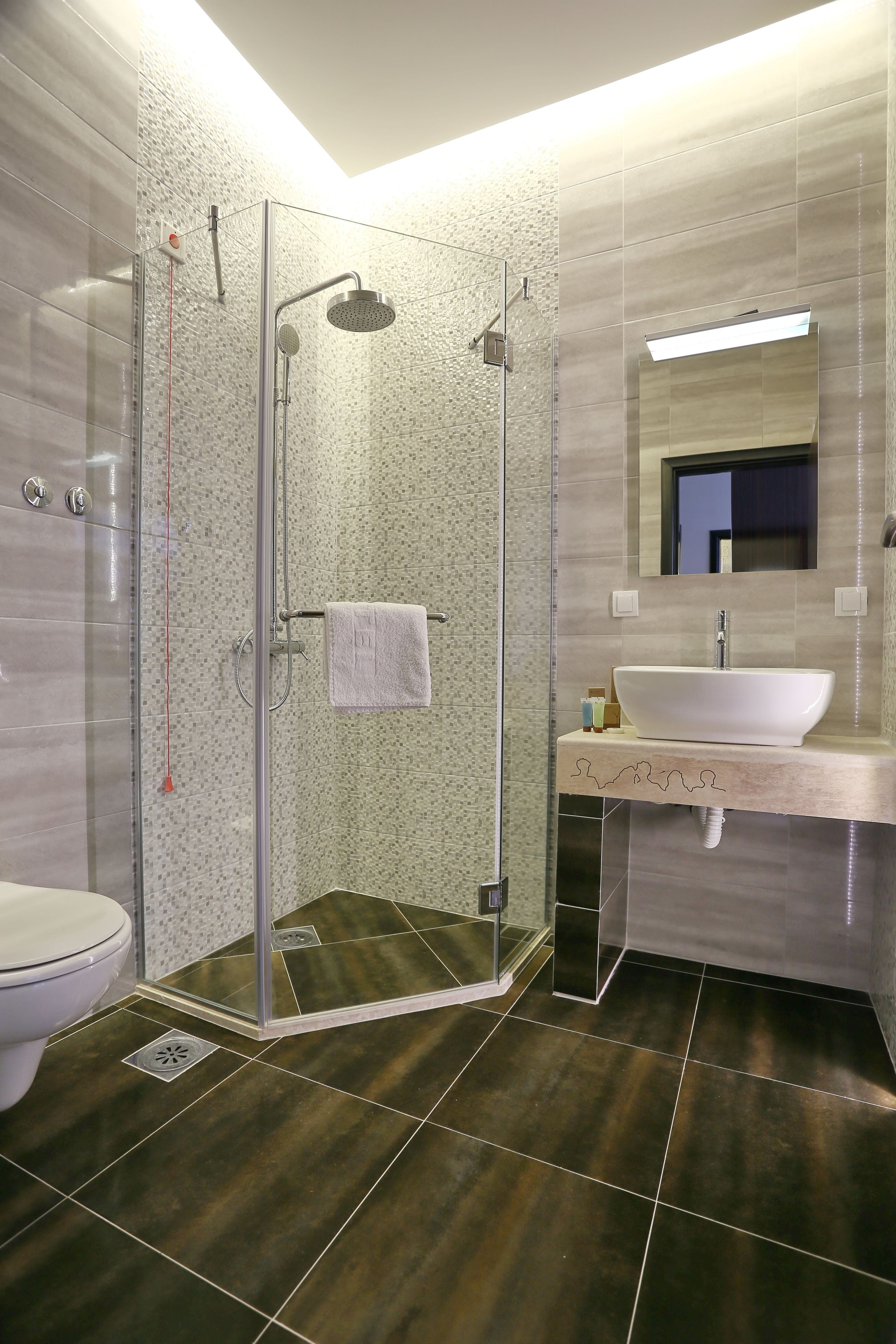 A modern bathroom with a glass-enclosed shower, a white sink, and a large mirror above the vanity.