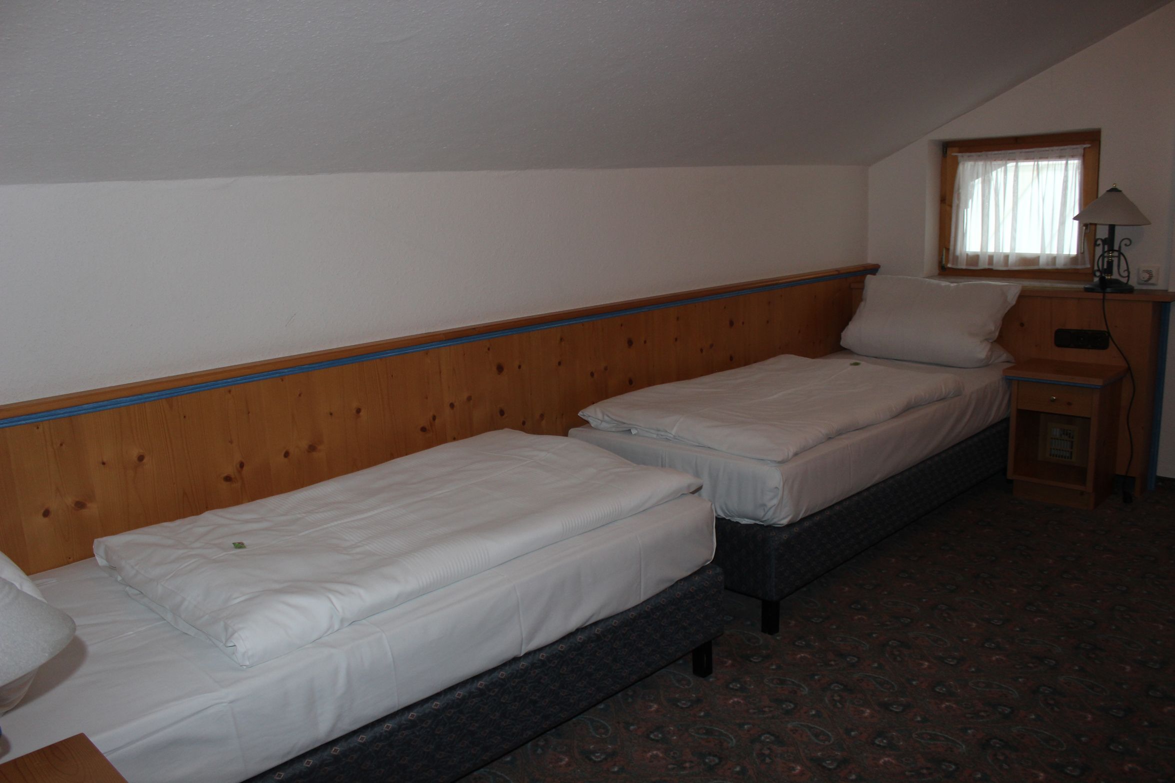 A room with two single beds, a wooden headboard, a small bedside table with a lamp, and a window with sheer curtains.