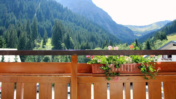 A wooden balcony with a view of a forested mountain range. - Alpenhotel Widderstein (Mittelberg)