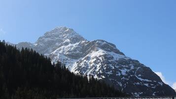 A mountain with snow-covered peaks and a forested area in the foreground.