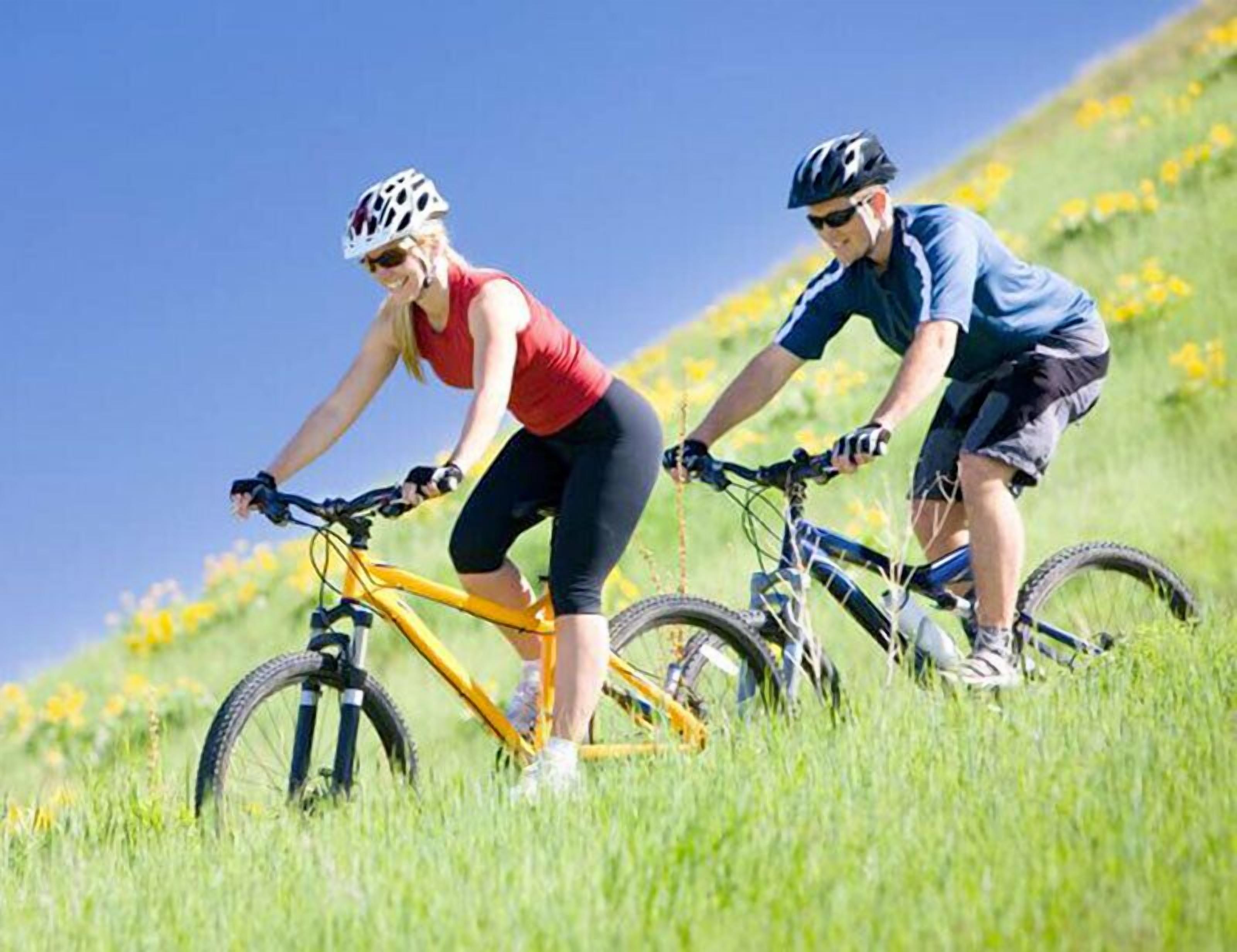 Two cyclists on a grassy hill with a clear sky.