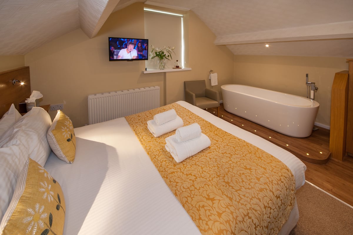 A hotel room with a large bed, a bathtub, a TV, and a small sitting area.
