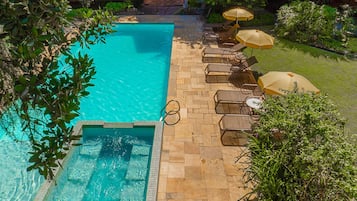 Outdoor pool, pool umbrellas, pool loungers