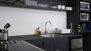 Two bedroom apartment #1 | Private kitchen | Full-size fridge, microwave, stovetop, coffee/tea maker