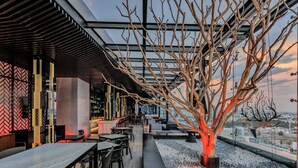 Een modern buitenzitgedeelte met tafels en stoelen, een grote boom en een uitzicht op de skyline door een glazen dak.
