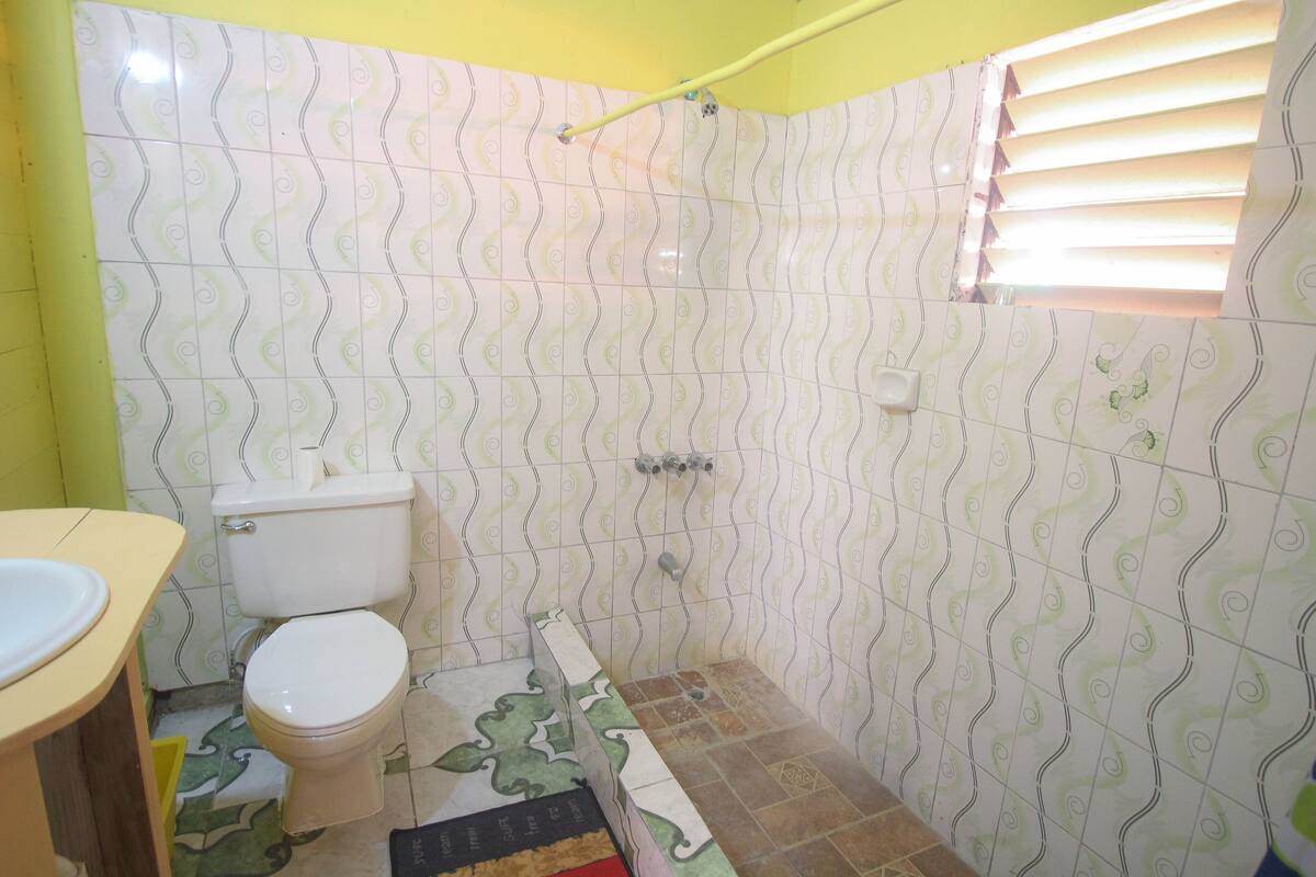 Een badkamer met toilet, wastafel, douche en betegelde vloer.