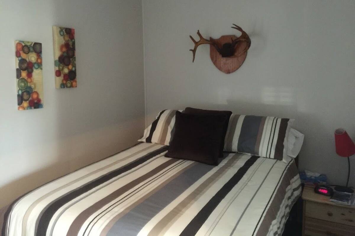 Un dormitorio con una cama, ropa de cama a rayas, una decoración de cabeza de ciervo en la pared y dos cuadros.