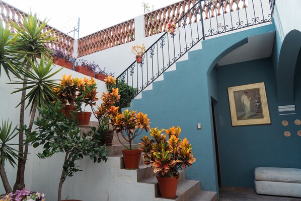 A staircase with potted plants, a white wall with a blue arch, and a framed picture on the wall. - Hotel Boutique Casa Altamira (Querétaro)