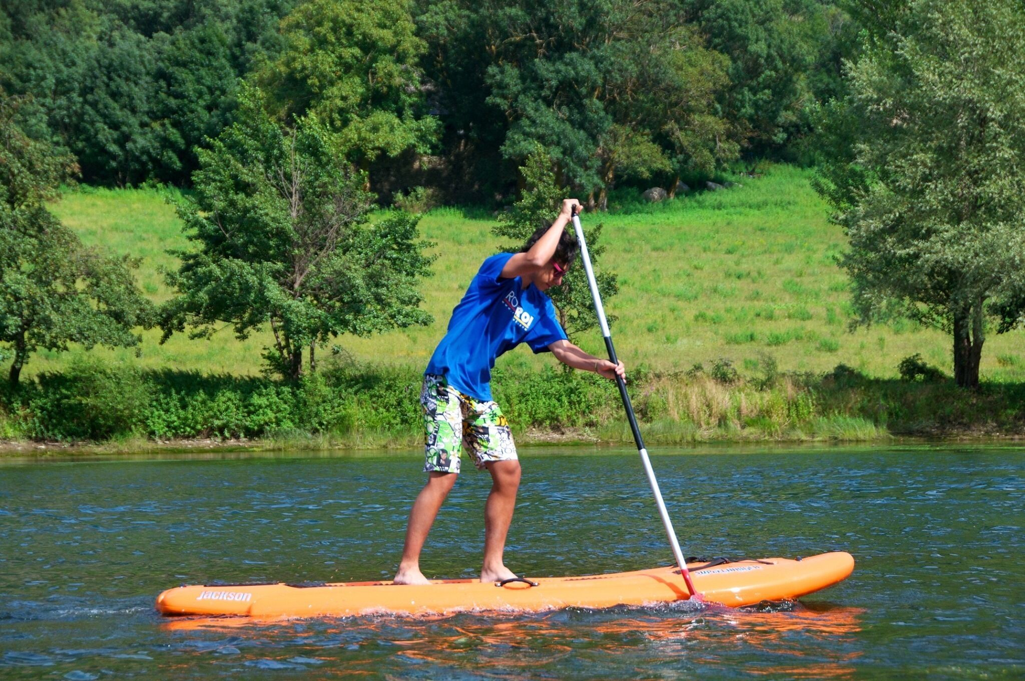 A person standing on a paddleboard in a body of water with trees in the background.