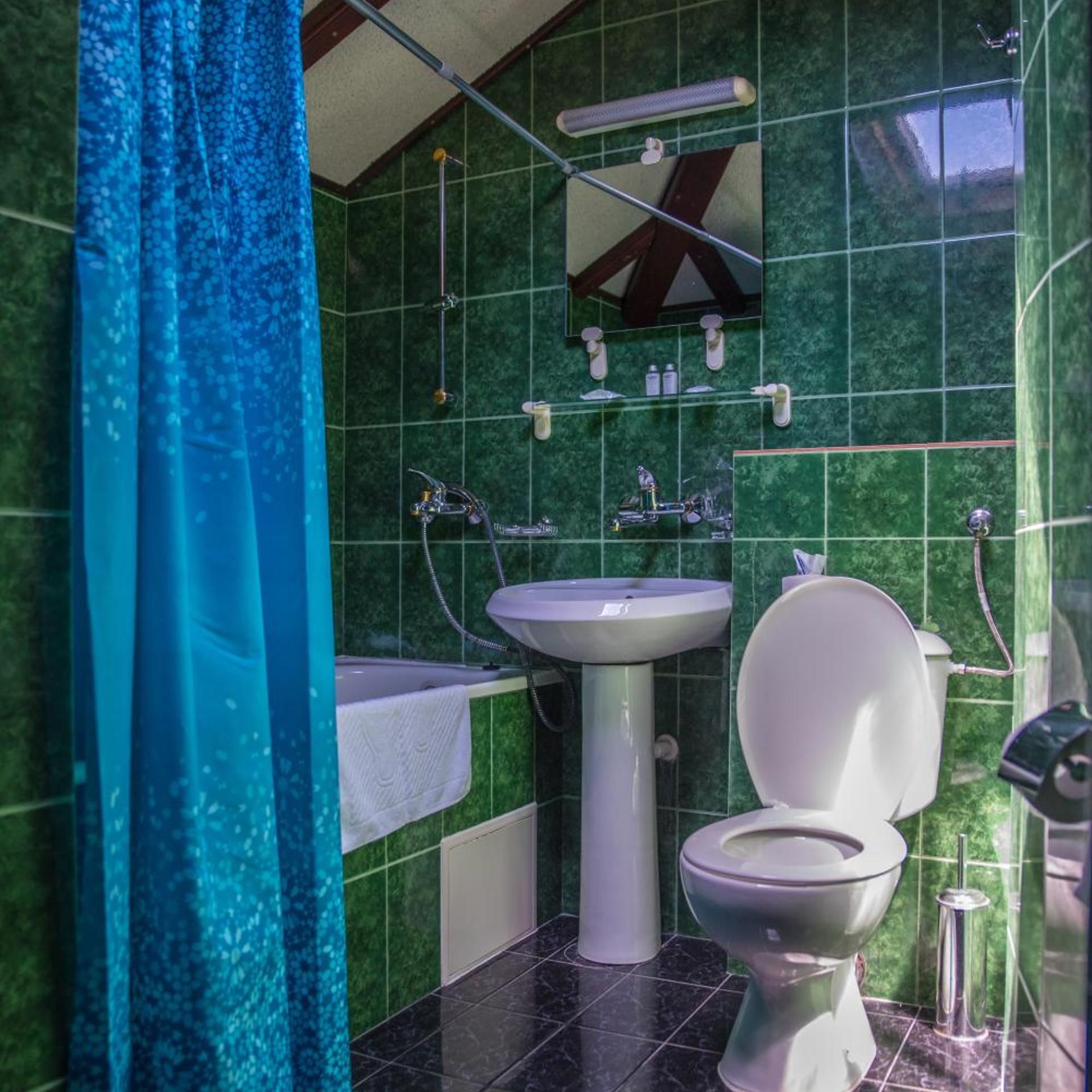 Ein Badezimmer mit Dusche, Waschbecken und Toilette.