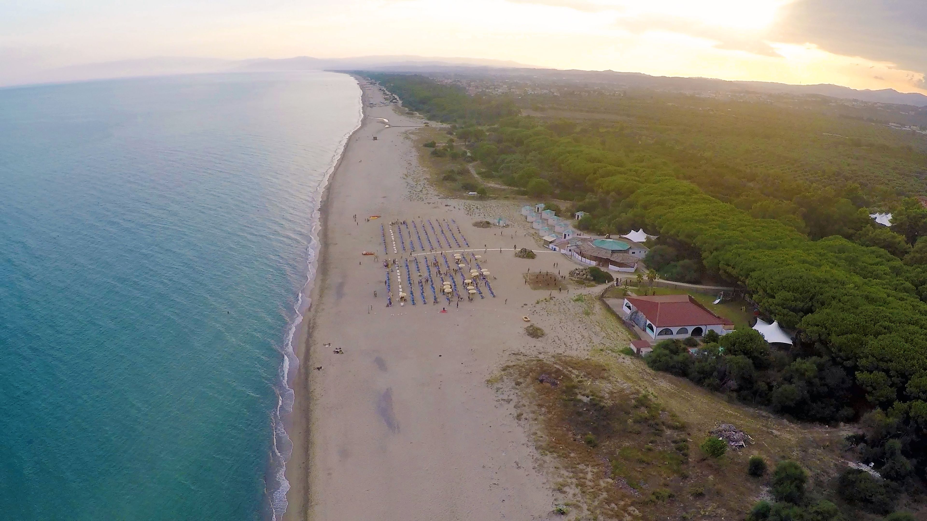 An aerial view of a beach with rows of umbrellas and beach chairs, a few buildings, and a forested area in the background.