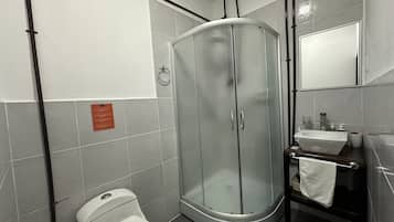 A modern bathroom with a glass shower enclosure, a toilet, and a sink with a mirror above it.
