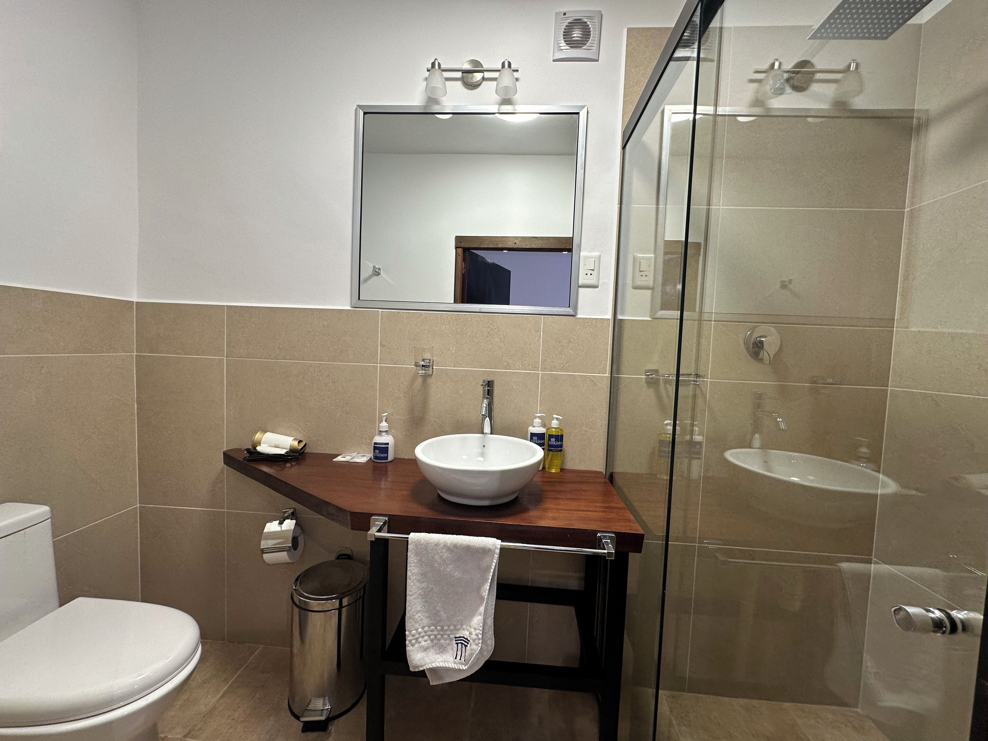 A bathroom with a toilet, a sink, a mirror, and a glass shower enclosure.