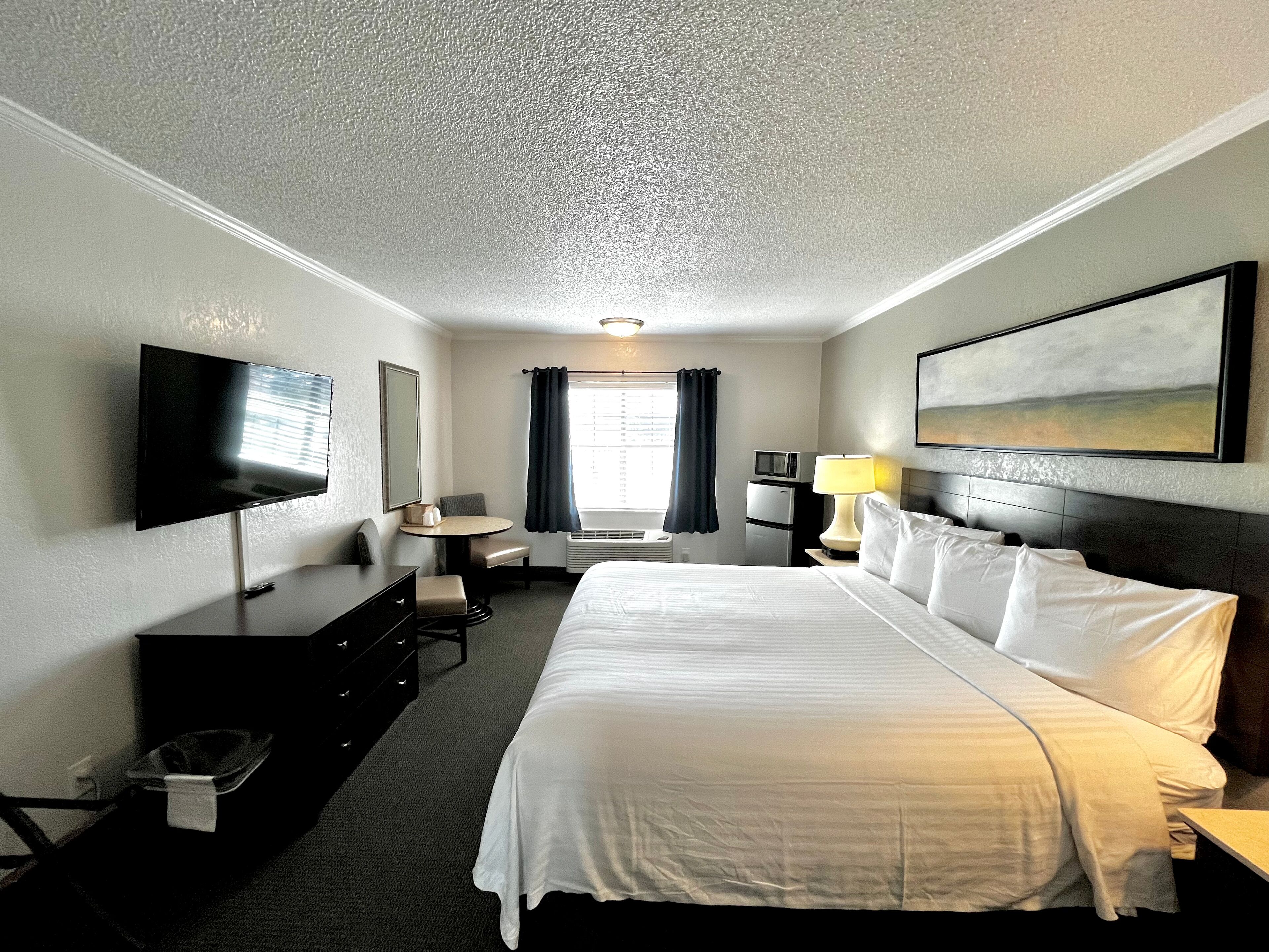 Habitación de hotel con cama, escritorio, silla, televisor, lámpara y un cuadro en la pared.