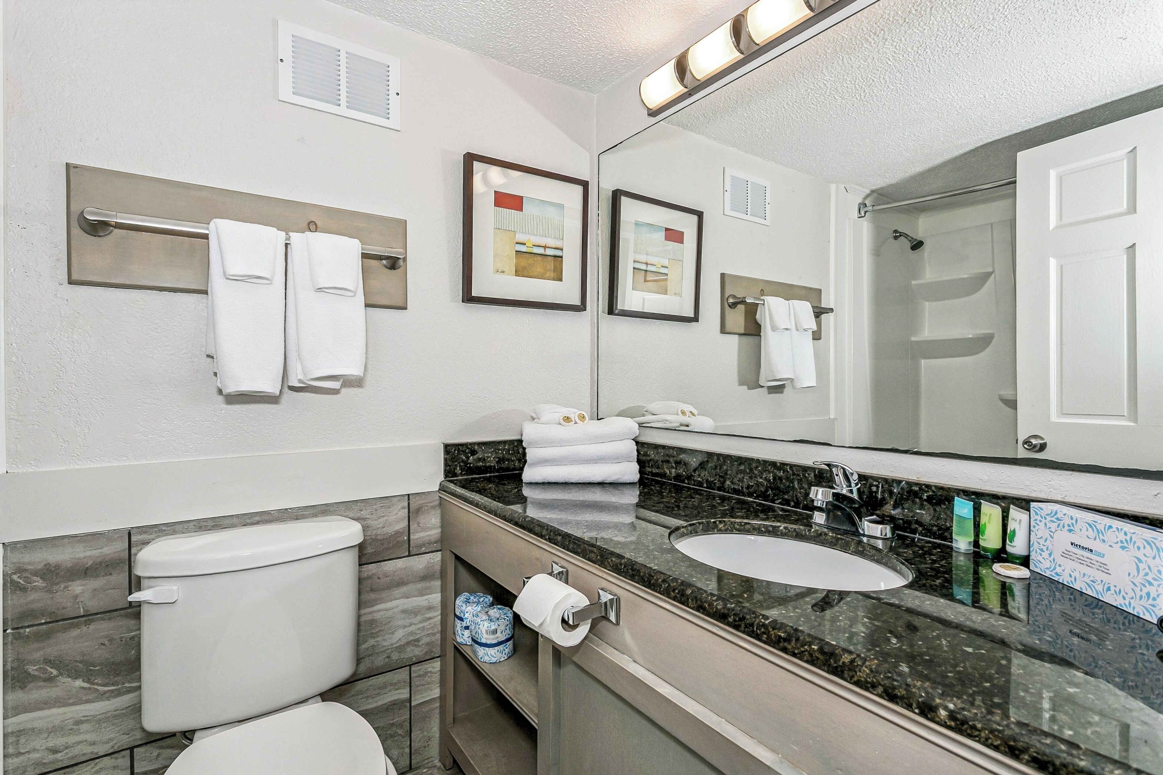 A bathroom with a toilet, sink, mirror, towel rack, and framed artwork.