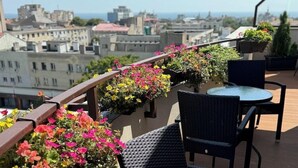 Terraza en la azotea con mobiliario exterior, plantas en macetas y vistas a la ciudad.