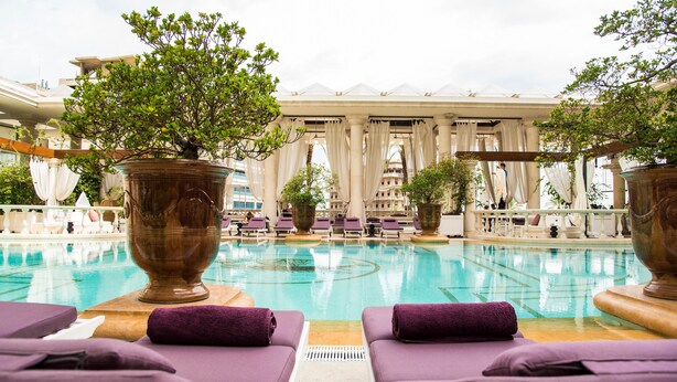 Un área junto a la piscina con sillones de descanso, una jardinera grande con un árbol y un edificio con columnas al fondo.