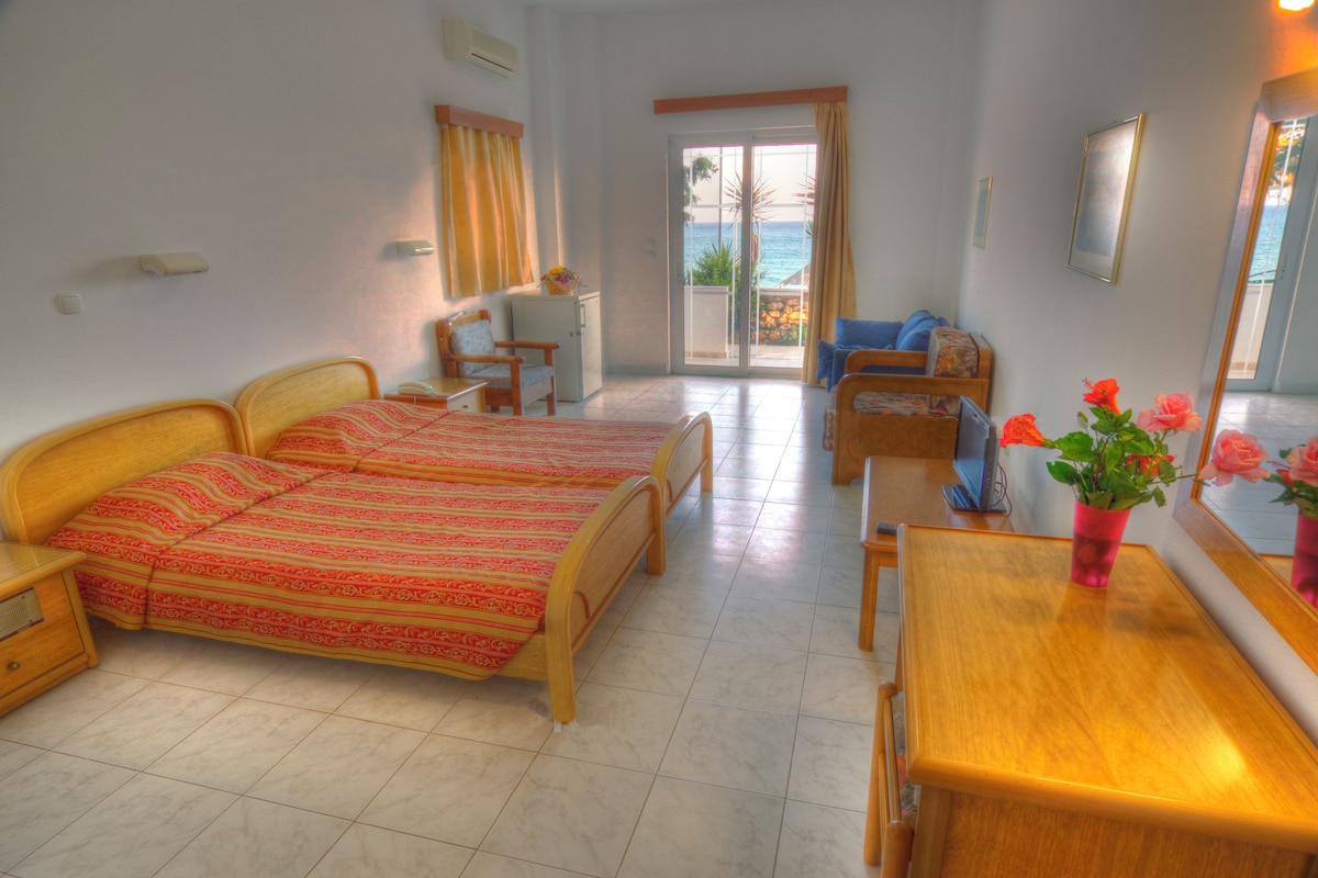 Habitación de hotel con dos camas, un escritorio, una silla, una mesita, una planta en maceta y un ventanal corredero que da a un balcón con vista al océano.