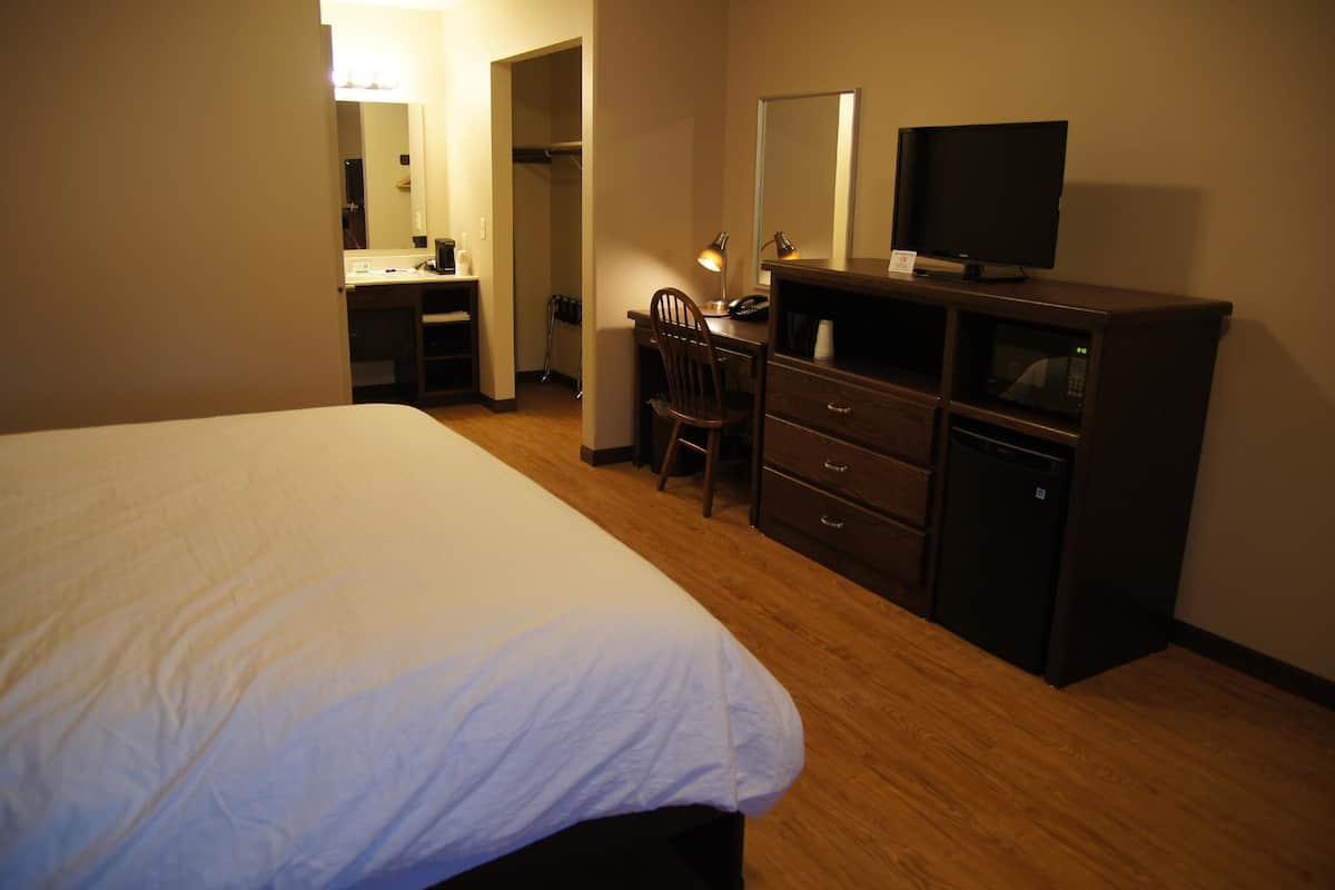 A hotel room with a bed, a desk with a chair, a television, and a microwave.