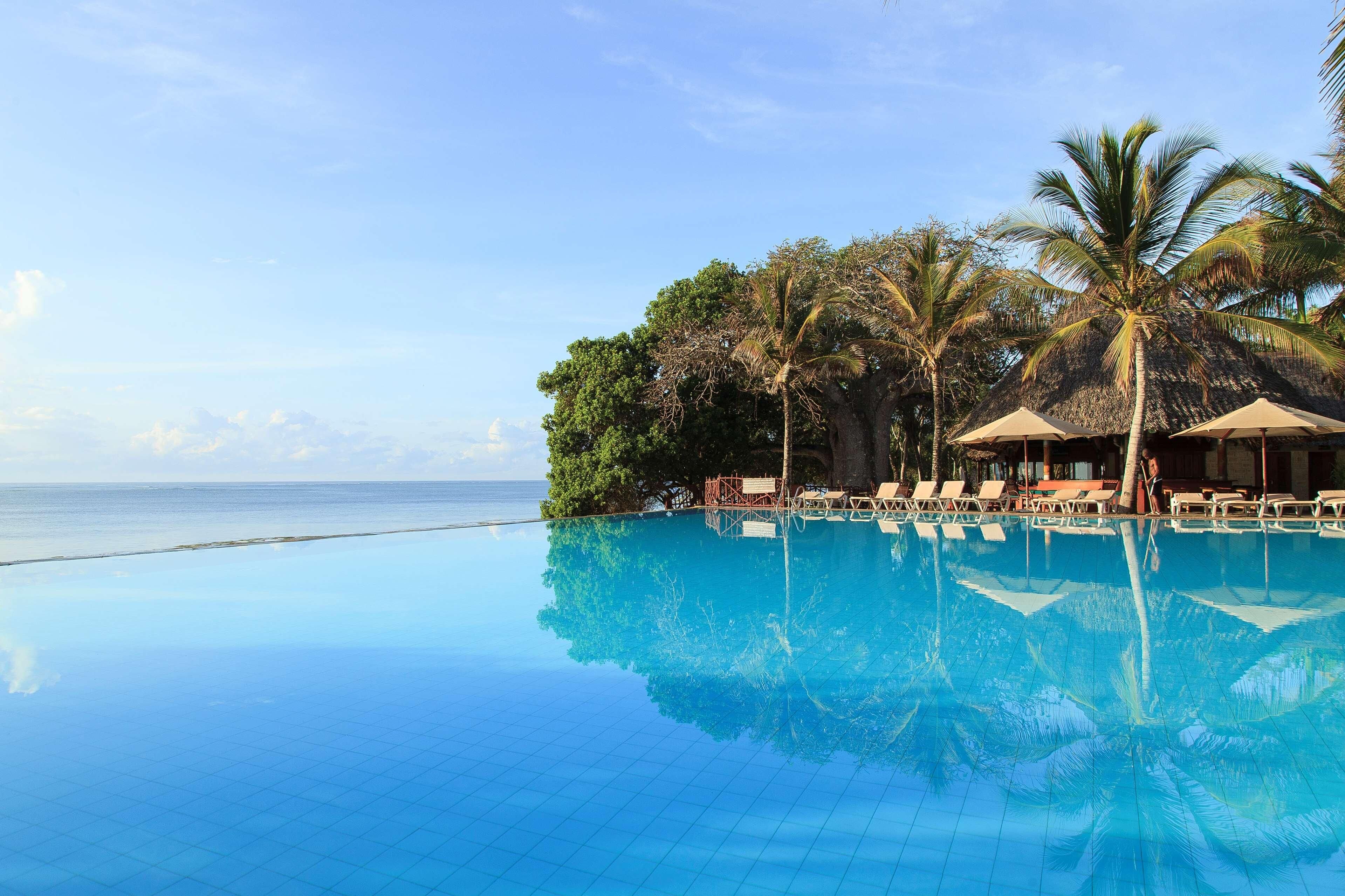 A clear blue infinity pool with lounge chairs and palm trees, overlooking the ocean.