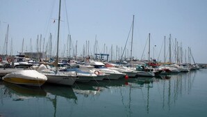Een jachthaven met tal van zeilboten die in rustig water liggen aangemeerd.
