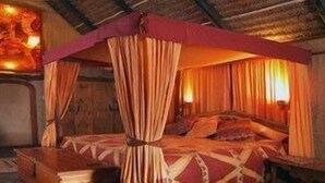 Una habitación con cama, cortinas, un cuadro en la pared y una lámpara.