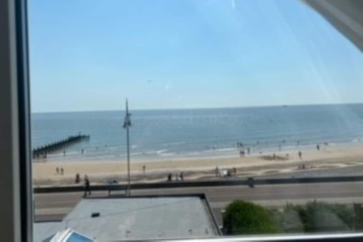 Blick auf einen Strand aus einem Fenster, inklusive des Ozeans, einer Mole und einer Straße mit Fahrzeugen.