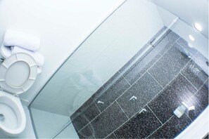 A modern bathroom with a toilet, a sink, and a mirror.
