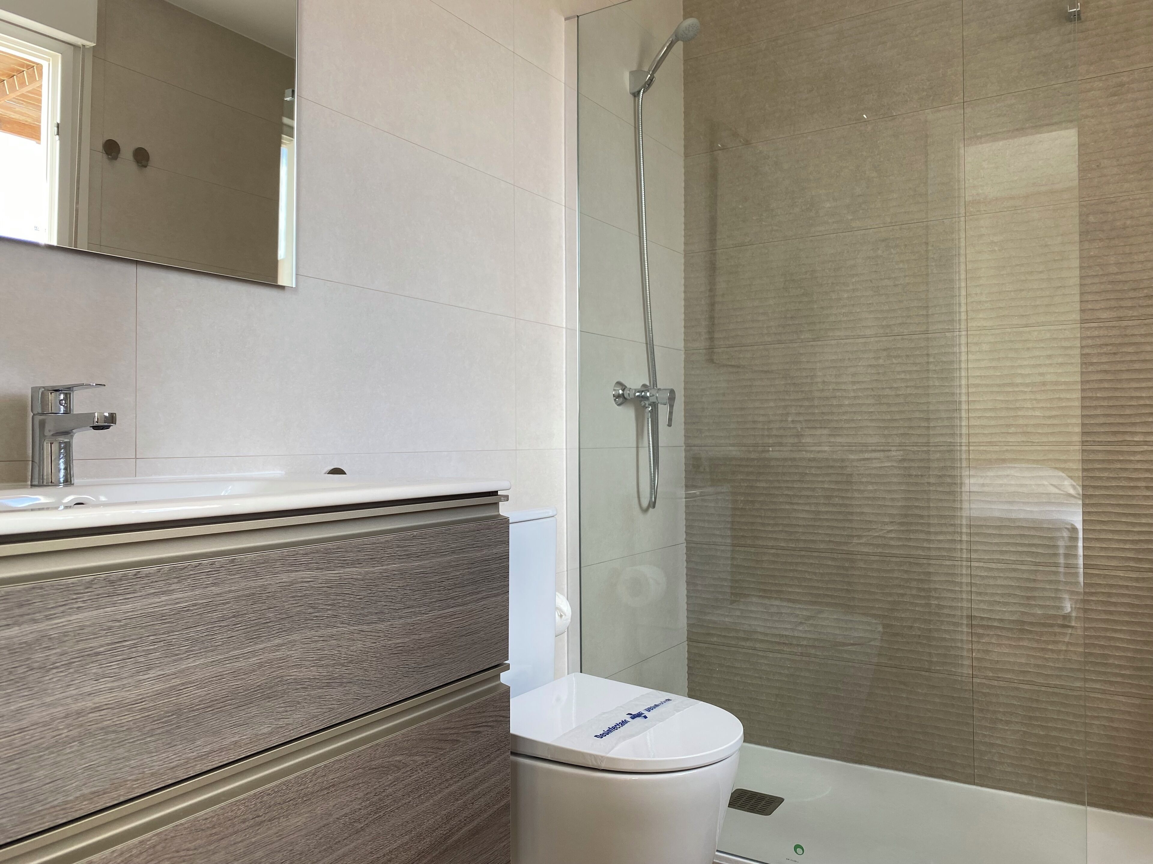 A modern bathroom with a glass shower enclosure, a white toilet, and a vanity with a mirror.