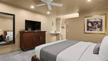 A hotel room with a bed, a television on a wooden cabinet, a ceiling fan, a bathroom with a sink and towel rack, and a framed artwork on the wall.