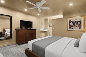 Habitación de hotel con cama, televisor sobre un mueble de madera, ventilador de techo, baño con lavamanos y perchero, y una obra de arte enmarcada en la pared.