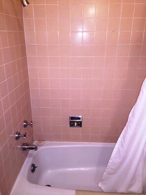 Combined shower/tub, hair dryer, towels