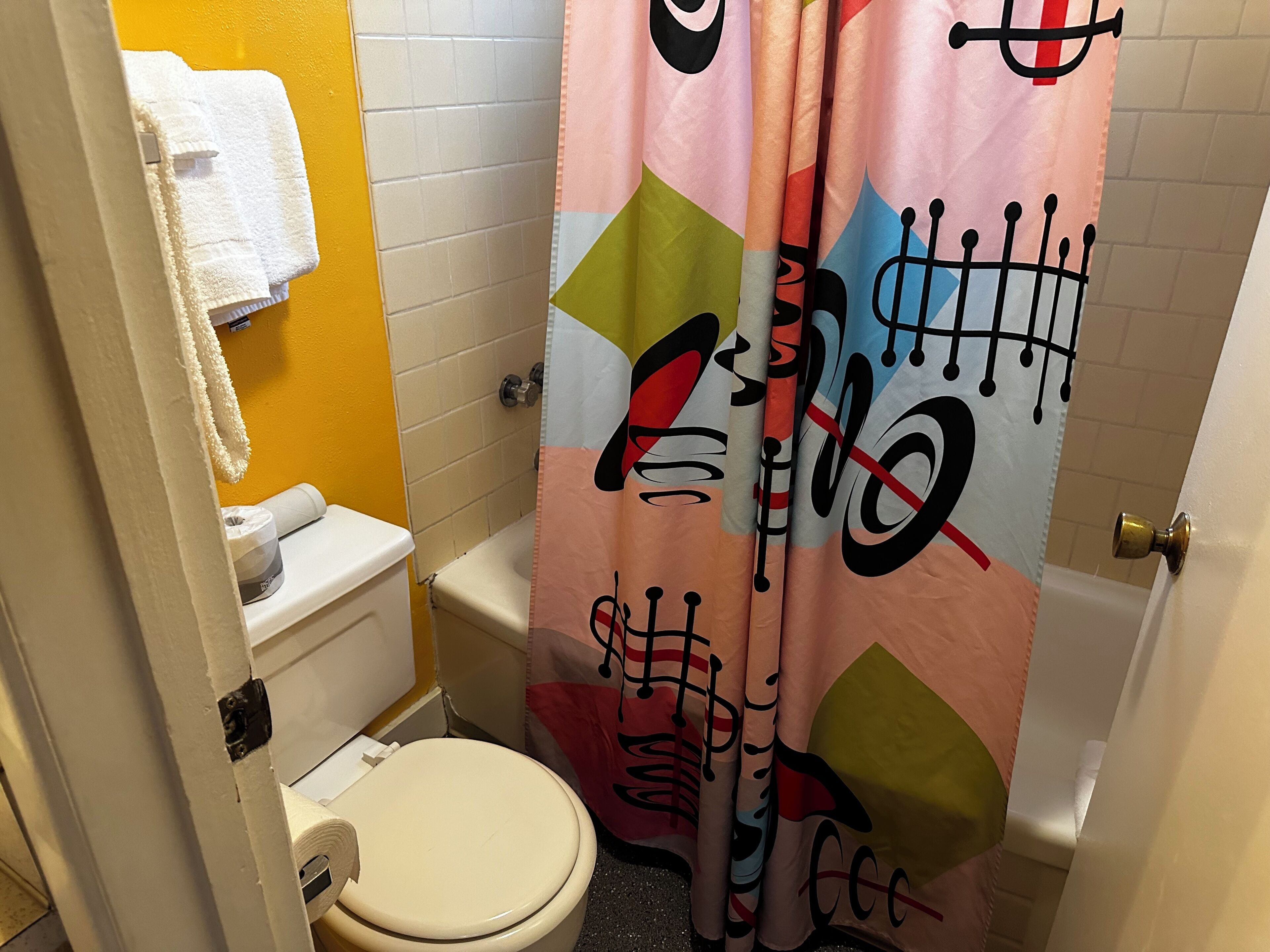 Een badkamer met toilet, wastafel en douchegordijn.